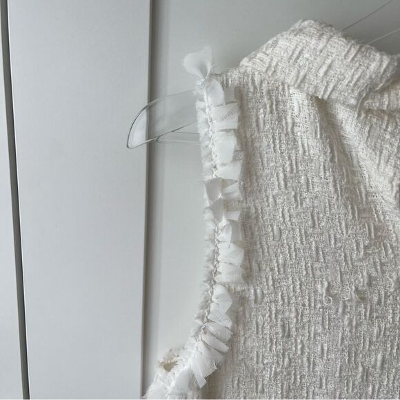 Sara Campbell Ruffle Neck Tweed Sleeveless White Shift Dress With Pockets Sz 12 - Picture 10 of 13